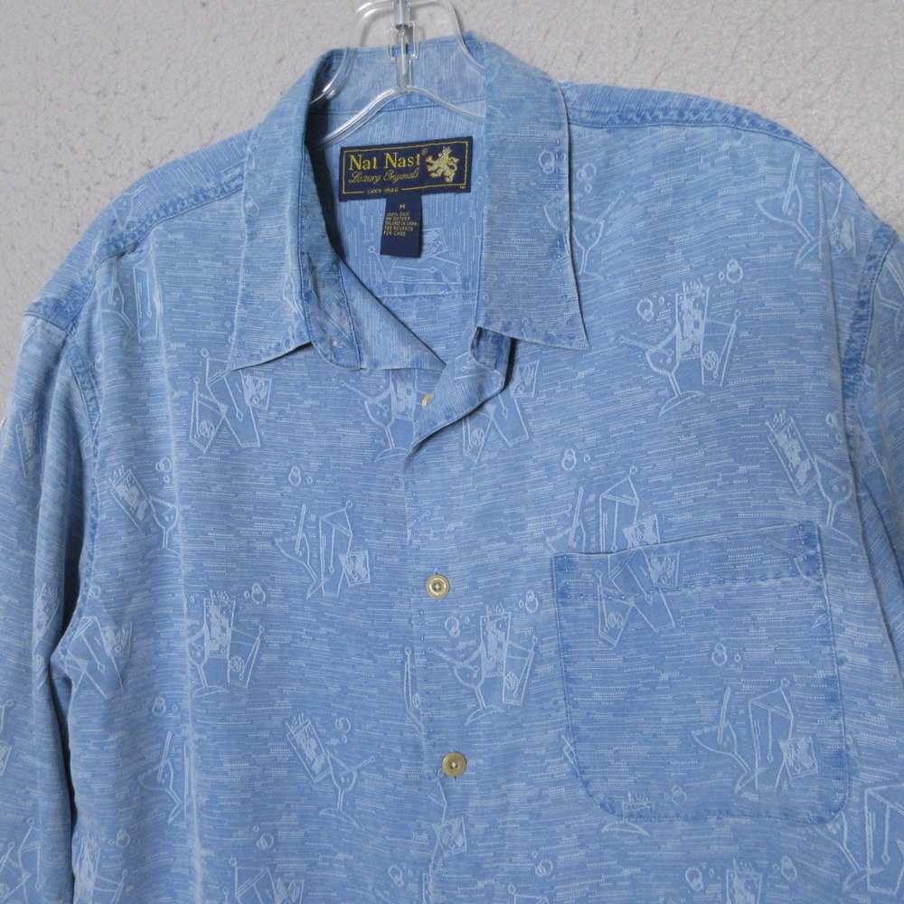 Nat Nast Button Up Shirt Men Blue Silk Martini Glass Print Rockabilly 90s